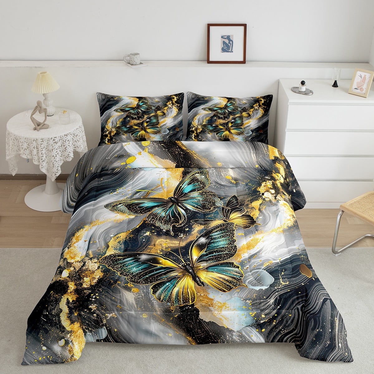 Black Marble Comforter Set Teal Butterfly King Bedding Set,Gold Marbling Down Comforter Abstract Ombre Ink Fluid Art Duvet Insert Aesthetic