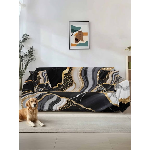 Black Marble Couch Cover Sofa Covers 3 Cushion Sectional Couch, Grey Gold Texture Vintage Farmhouse Art Washable Sofa Covers Slipcover Sectional Sofa Cover, Furniture Protector 71"x150"