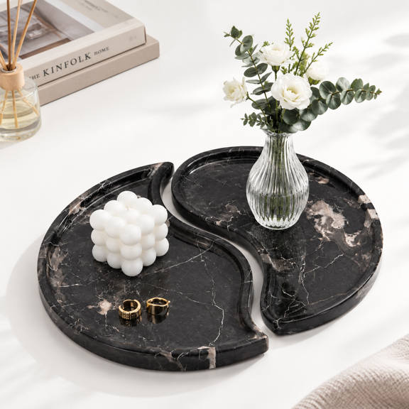 Black Marble Decorative Half Moon Tray Set, Interlocking for Vanity, Bathroom, Dresser