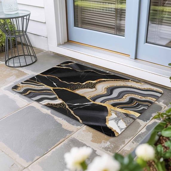 Black Marble Door Mat Indoor Outdoor, Grey Gold Texture Vintage Farmhouse Art Non Slip Welcome Mat with Rubber Backing, Absorbent Fabric Front Door Mats Entryway Rug for Home Patio Entrance 18"x30"