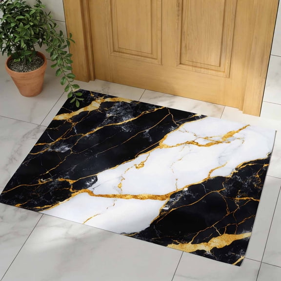 Black Marble Door Mat, Non Slip Bathroom Rugs, Luxury Gold White Abstract Cracks Artwork Absorbent Floor Mats, Washable Runner Rug Indoor Doormat for Front Door Entrance, Patio, Garage 16"x24"