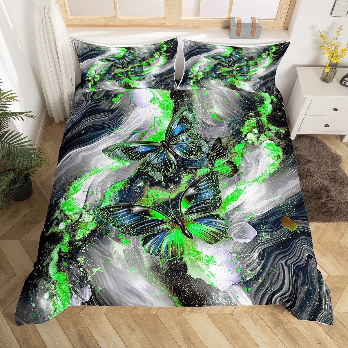 Black Marble Duvet Cover Set Blue Butterfly Comforter Cover,Green Marbling Queen Bedding Sets,Abstract Ombre Ink Fluid Art Bed Set Rustic Animal Dreamy Butterflies Room(No Comforter)