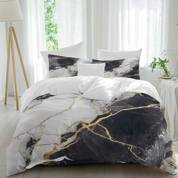 Black Marble Duvet Cover Set California King Size Gold Line Modern Abstract Minimalist Art Soft Lightweight Comforter Covers 4 Piece Bedding Set with 1 Duvet Cover 1 Bed Sheet & 2 Pillow Shams