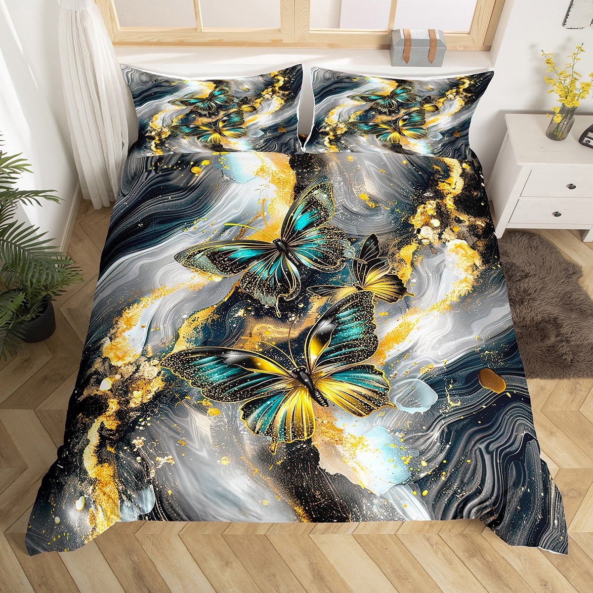 Black Marble Duvet Cover Set Teal Butterfly Queen Bedding Sets,Rustic Animal Dreamy Butterflies Room(No Comforter)