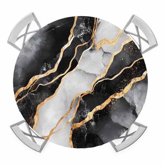 Black Marble Elastic Fitted Round Table Cover Golden Waves Modern Abstract Art Waterproof Outdoor Tablecloth for Holiday Party, Picnic, Patio & Dining Fits Tables Up to 36"-44"