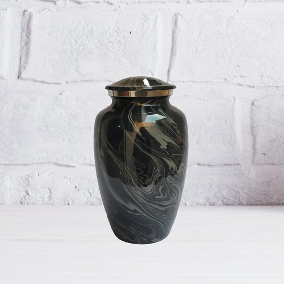 Black Marble Finish Large Adult Cremation Urn for Human Ashes With Velvet Bag