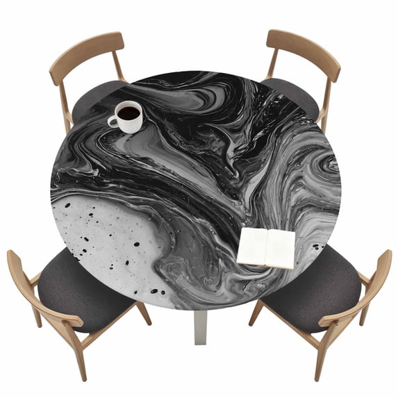 Black Marble Fitted Tablecloth with Elastic Edged, Round Table Cloth for Dining Table, Vintage Abstract Grey Fluid Aesthetic Waterproof Oil Proof Table Cover for Indoor Outdoor 36"-44"