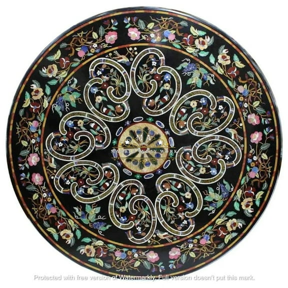 Black Marble Floral Inlay Coffee Table Elegant Handcrafted Pietra Dura Table Top for Contemporary Living Room Dcor and Sophisticated Interiors