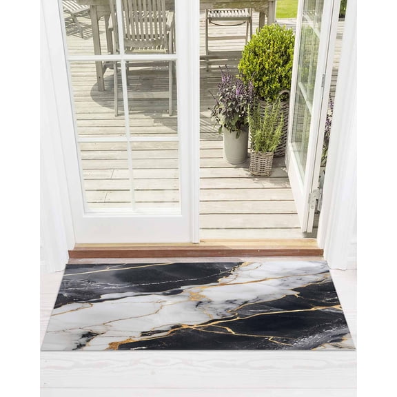 Black Marble Front Door Mat Gold Line Modern Abstract Minimalist Art Welcome Doormat Indoor Outdoor Entrance Floor Mat Non-Slip Washable Runner Rug for Front Porch Decor 20x47 Inch