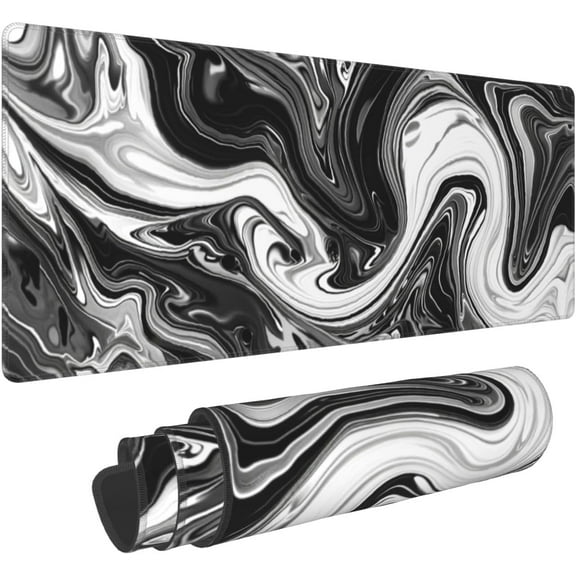 Black Marble Gaming Mouse Pad XL Black White Grey Fluid Design Extended Large Desk Mat Modern Abstract Big Mousepad 31.5×11.8 Inch, Non-Slip Rubber Base Long Mouse Pad for Office Work Computer Gamer