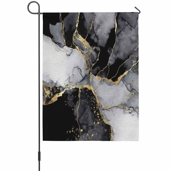 Black Marble Garden Flag 12 x 18 Inches, Vintage Abstract Gradient Black White Marble Gold Crack Weather Proof Outdoor Patio Flags Double Sided Small Garden Decoration for Yard Outside Home