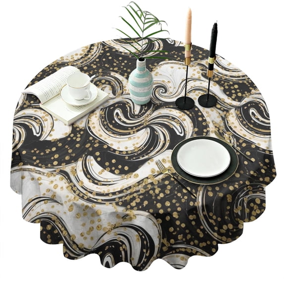 Black Marble Gold Dot Pattern Round Tablecloth 60"x60",Wrinkle Wipeable Table Cloth for Kitchen Dining Room Picnic Patio Party