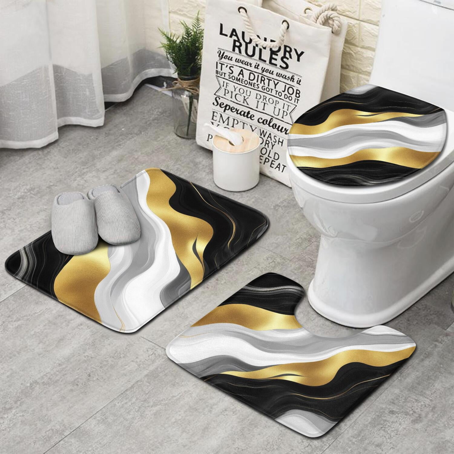 Black Marble Gold Line Pattern Bathroom Rugs Sets 3 Piece,Toilet Cover ...
