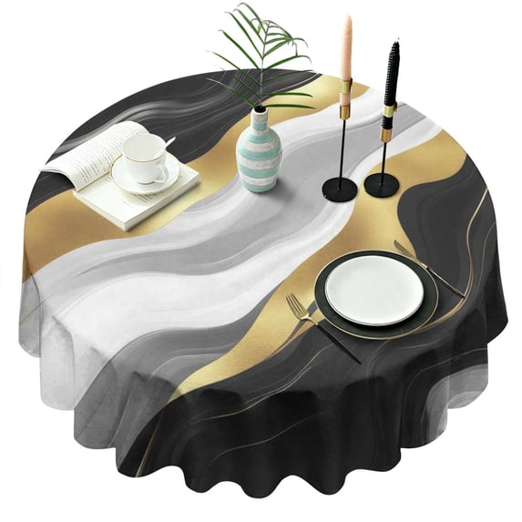 Black Marble Gold Line Pattern Round Tablecloth 60"x60",Wrinkle Wipeable Table Cloth for Kitchen Dining Room Picnic Patio Party