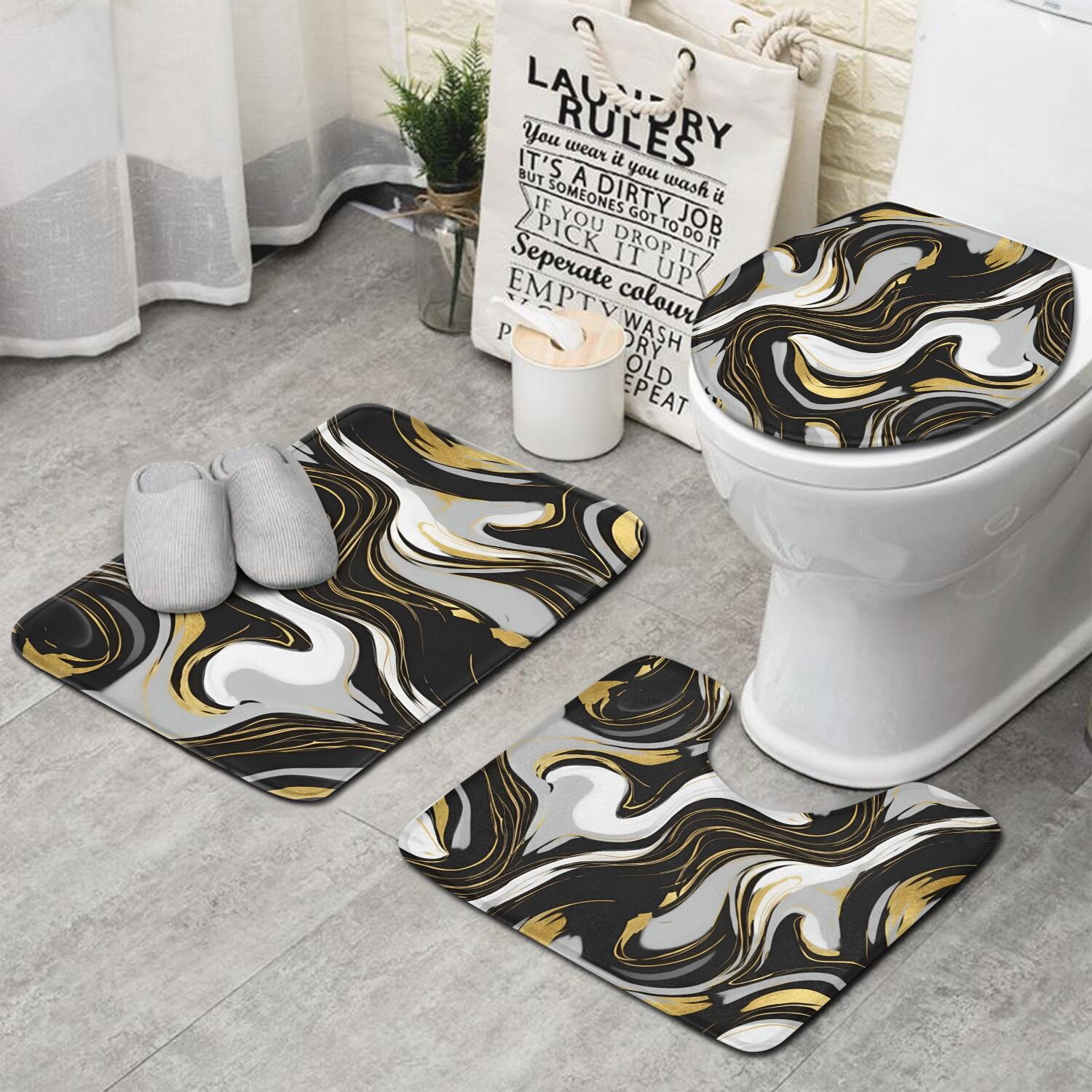 Black Marble Gold Wave Pattern Bathroom Rugs Sets 3 Piece,Toilet Cover ...