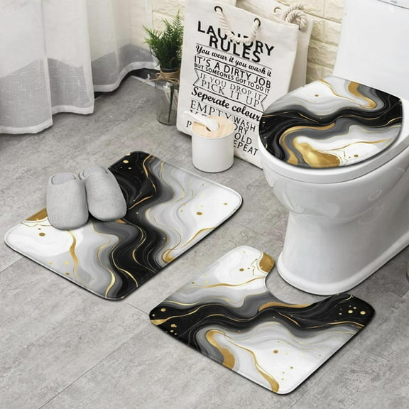 Black Marble Gold Wave Pattern Bathroom Rugs Sets 3 Piece,Toilet Cover Set,Absorbent Non Slip Bathroom Mats Sets with U-Shaped Contour Rug Toilet Rug Set