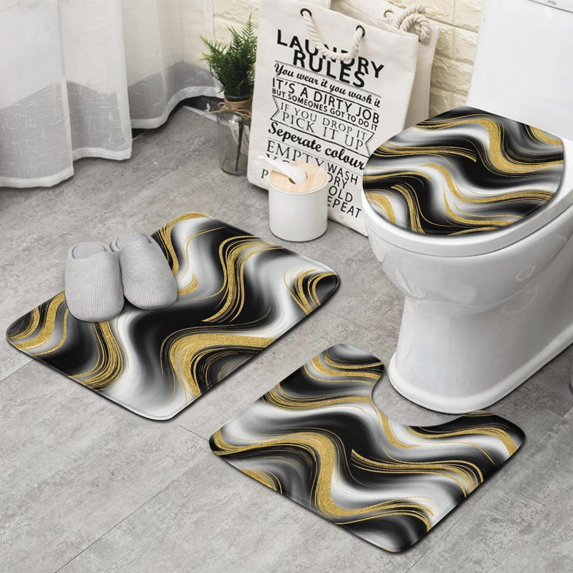 Black Marble Gold Wave Pattern Bathroom Rugs Sets 3 Piece,Toilet Cover Set,Absorbent Non Slip Bathroom Mats Sets with U-Shaped Contour Rug Toilet Rug Set