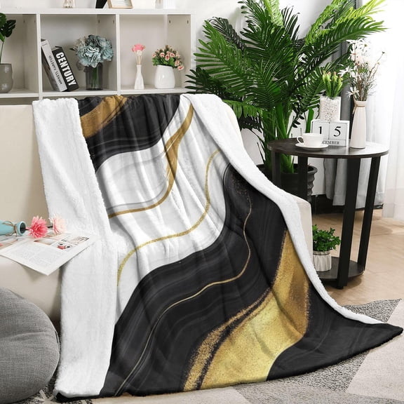 Black Marble Gold Wave Pattern Blanket,Comfortable Soft Lamb Wool Throw Blanket,All Season,Warm Lightweight Blankets for Sofa Bed Couch Living Room Chair,50"x60"