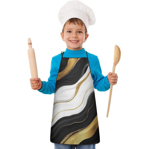 Black Marble Gold Wave Pattern Kids Aprons for Girls and Boys,Adjustable Neck Strap Toddler Aprons for Kids Cooking Baking