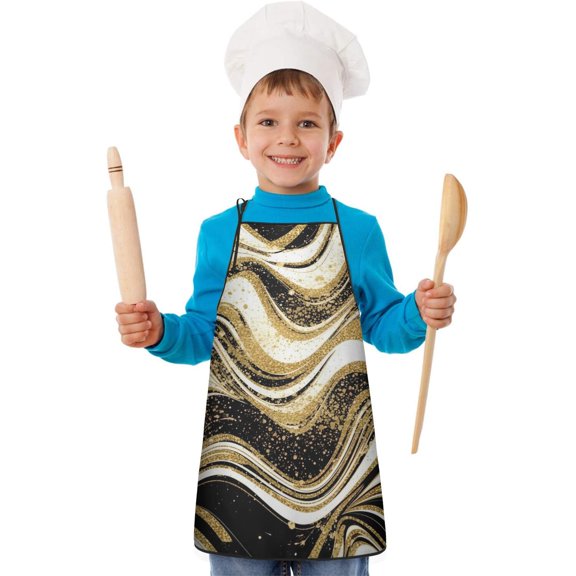 Black Marble Gold Wave Pattern Kids Aprons for Girls and Boys,Adjustable Neck Strap Toddler Aprons for Kids Cooking Baking