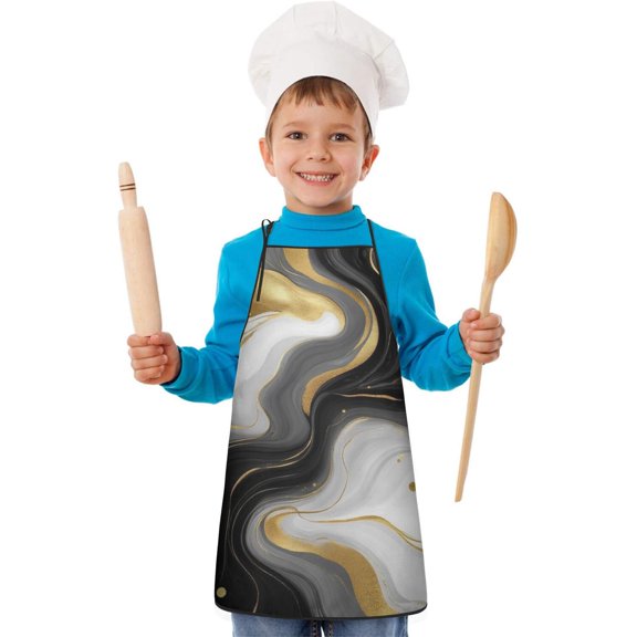 Black Marble Gold Wave Pattern Kids Aprons for Girls and Boys,Adjustable Neck Strap Toddler Aprons for Kids Cooking Baking