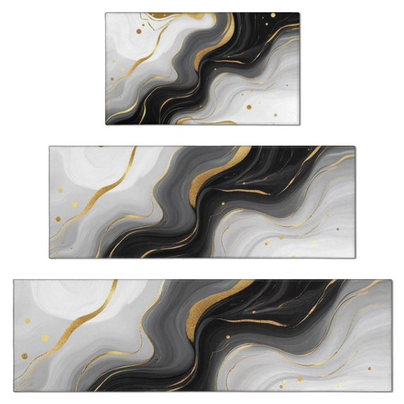 Black Marble Gold Wave Pattern Kitchen Rugs Sets Of 3,Kitchen Runner Rugs Non Skid Washable,Decorative Kitchen Floor Mats for Kitchen,Sink,Laundry,17"x30"+ 17"x47" + 17"x59"