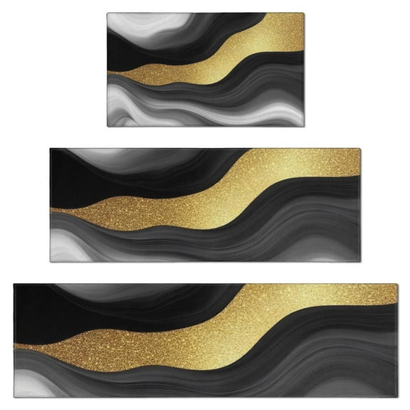 Black Marble Gold Wave Pattern Kitchen Rugs Sets Of 3,Kitchen Runner Rugs Non Skid Washable,Decorative Kitchen Floor Mats for Kitchen,Sink,Laundry,17"x30"+ 17"x47" + 17"x59"