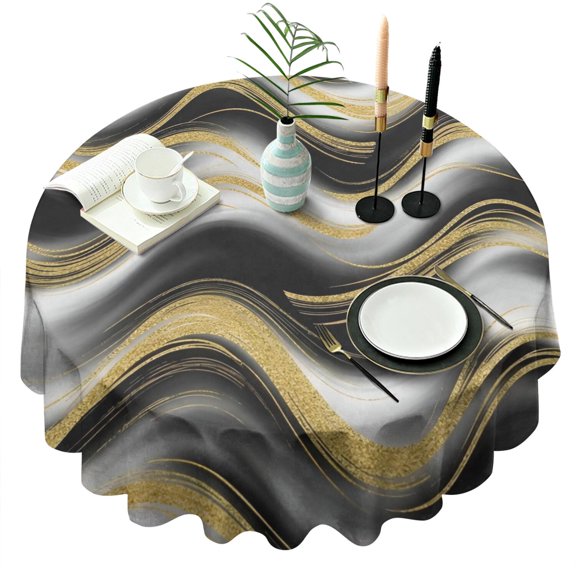 Black Marble Gold Wave Pattern Round Tablecloth 60"x60",Wrinkle Wipeable Table Cloth for Kitchen Dining Room Picnic Patio Party