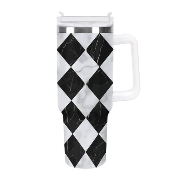 Black Marble Grey Pattern 40 Oz Tumbler with Handle and Straw Lid, Stainless Steel Insulated Travel Coffee Mug, Vacuum Insulated Water Bottle for Home, Office, Car, Keep Hot/Cold for Hours