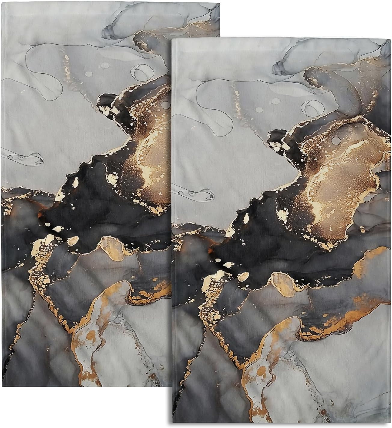 Black Marble Hand Towel Set of 2 Abstract Gold Foil Face Towels Soft Luxury Highly Absorbent Bathroom Towel for Spa Home Gym Sports Decor