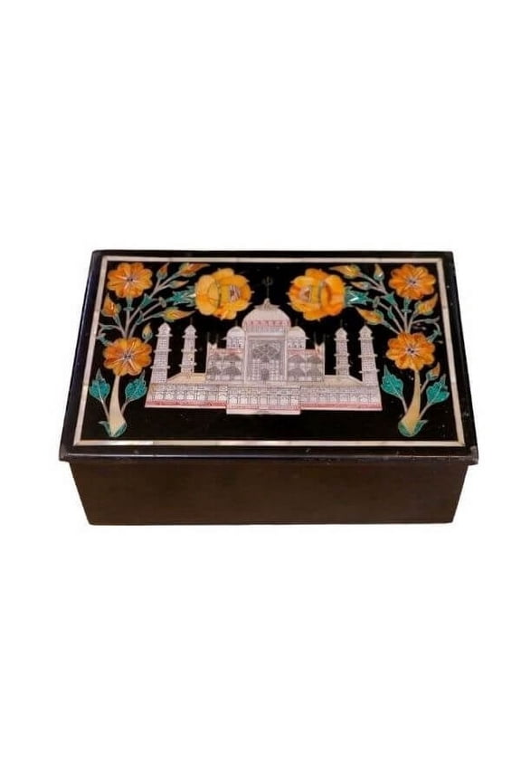 Black Marble Handmade Jewelry Box with Beautiful Taj Mahal Mop Inlay Design Art
