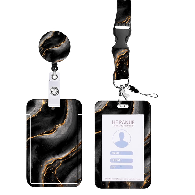 Labor Badge Holder Black Marble Heavy Duty Badge Holder with Retractable Reel,ID Card Holder  Cover Case,Work Badge with Key Ring Lanyard