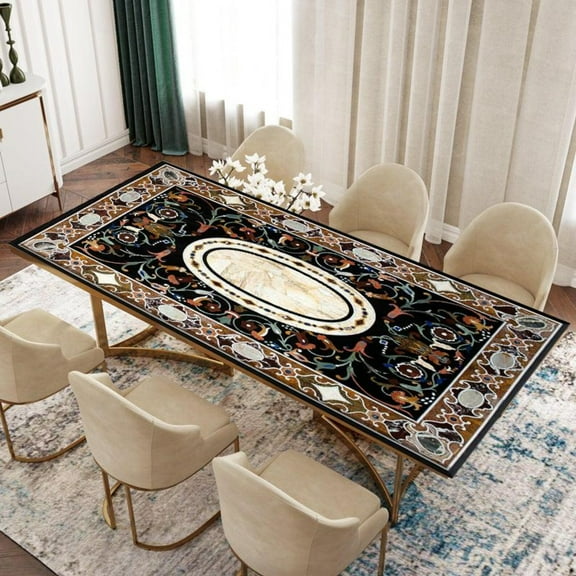 Black Marble Inlay Dining Table Top – Handcrafted with Semi-Precious Stones & Mother of Pearl – Elegant Home & Office Décor-24x36 Inch