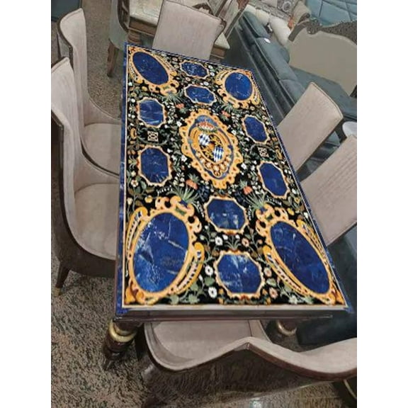 Black Marble Inlay Dining Table Top – Handmade Pietra Dura Art with Semi-Precious Stone Inlay – Elegant Center Table for Luxurious Home Décor-42x62 Inch