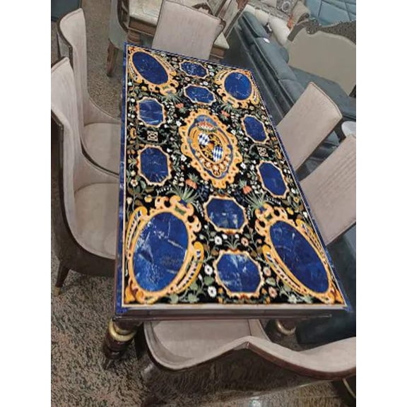 Black Marble Inlay Dining Table Top – Handmade Pietra Dura Art with Semi-Precious Stone Inlay – Elegant Center Table for Luxurious Home Décor-48x84 Inch