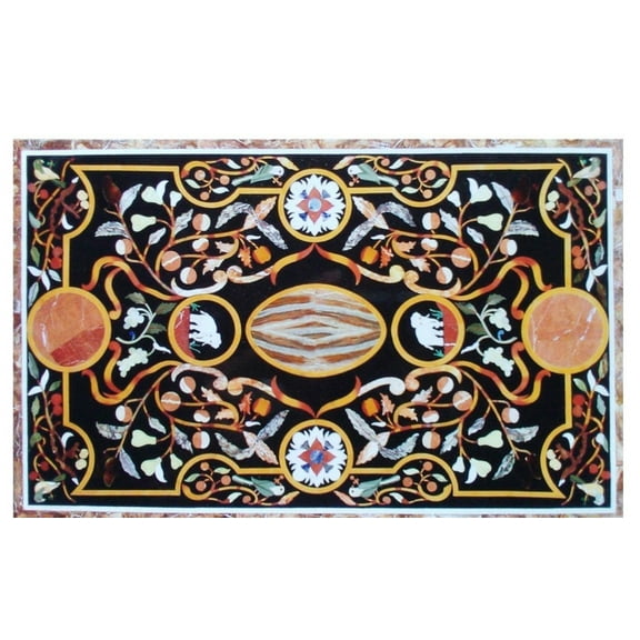 Black Marble Inlay Dining Table Top Handmade Semi Precious Stone Inlay Work PIETRA DURA Art Decor