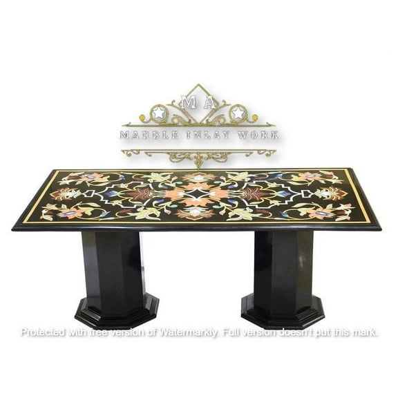 Black Marble Inlay Table Top for Center Table, Dining Table, Patio Table | Mughal Art & Pietra Dura Stone Inlay for Living Room Furniture-48x84 Inch