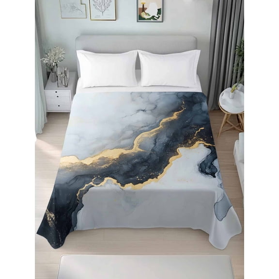 Black Marble King Size Flat Sheet, Wrinkleproof & Fadeproof Cooling Flat Bed Sheet Only, Modern Abstract Art Ink Painted Breathable Soft Bedding Top Sheets 105 x 98 Inches