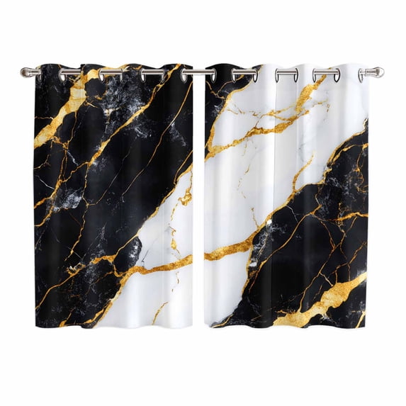 Black Marble Kitchen Curtains 63 Inch Length, Luxury Gold White Abstract Cracks Artwork Grommet Top Bedroom Living Room Curtains, Light Filtering Cafe Curtain Drapes 2 Panels Set 104''x63''