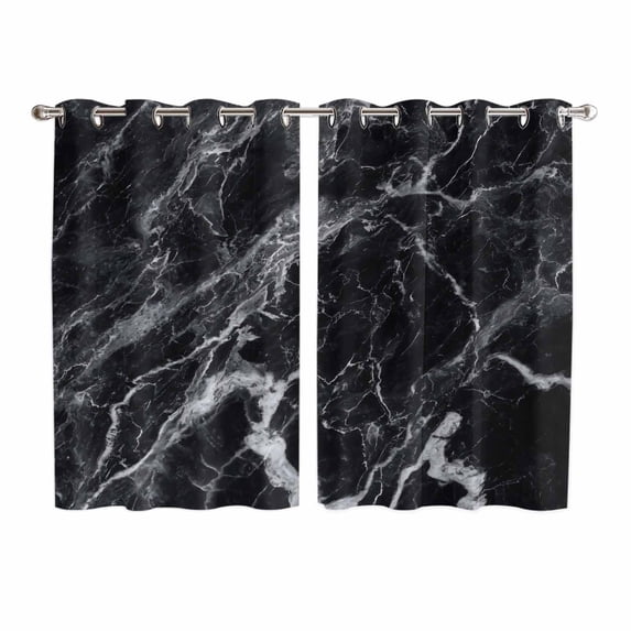 Black Marble Kitchen Curtains 72 Inch Length, Vintage Minimalism White Abstract Texture Grommet Top Bedroom Living Room Curtains, Light Filtering Cafe Curtain Drapes 2 Panels Set 104''x72''