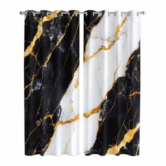 Black Marble Kitchen Curtains 84 Inch Length, Luxury Gold White Abstract Cracks Artwork Grommet Top Bedroom Living Room Curtains, Light Filtering Cafe Curtain Drapes 2 Panels Set 84''x84''