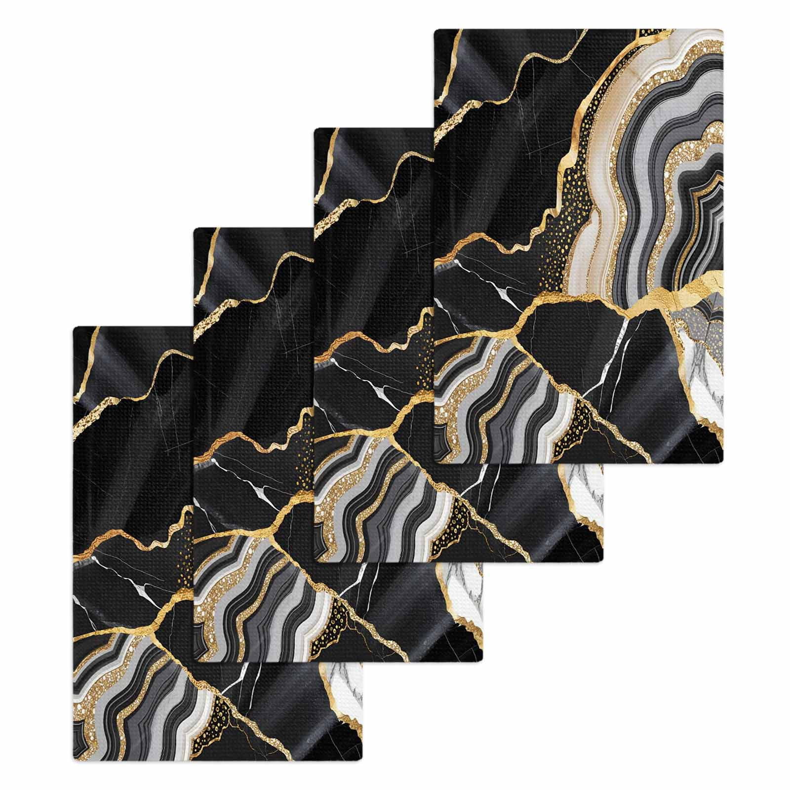Black Marble Kitchen Dish Towels for Drying Dishes Set of 4, Grey Gold Texture Vintage Farmhouse Art Waffle Weave Microfiber Hand Tea Bathroom Towels Quick Dry & Absorbent Towel 15.7x23.6