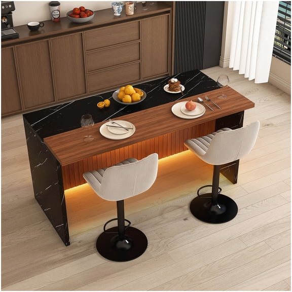 Black Marble Kitchen Island Set with LED Lights and 2 Stools, 63 Inch Modern Dining Table for Open Concept