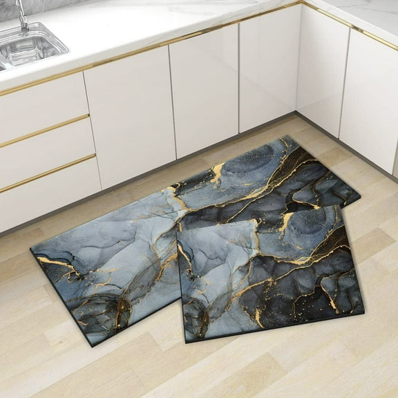 Black Marble Kitchen Rug Set of 2 Anti-Fatigue 0.4 Inches Thick Floor Mats Grey Dark Gold Modern Non Slip Waterproof Comfort Standing Rugs Decor for Office Sink Laundry 17.3 x 28+17.3 x 47 Inches