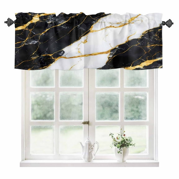 Black Marble Kitchen Valances for Windows 60x18 Inch Kitchen Curtains Valances Rod Pocket Luxury Gold White Abstract Cracks Artwork Bathroom Window Valances for Window Treatment Decor