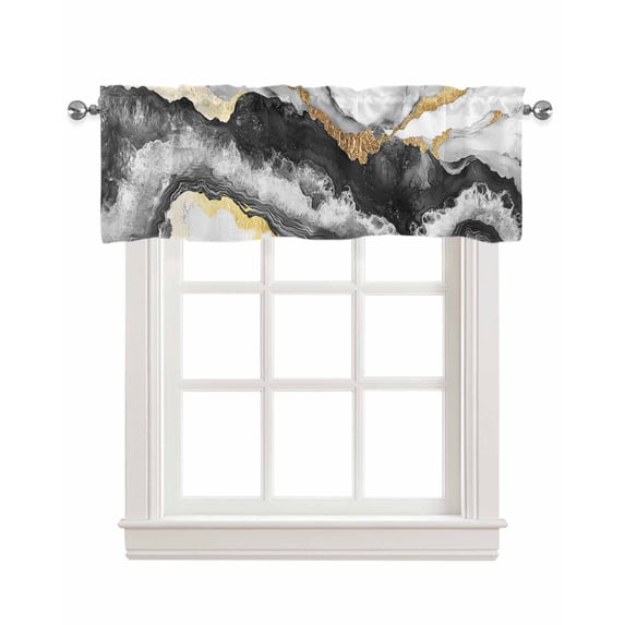 Black Marble Kitchen Valances for Windows Farmhouse Linen Window Valance Curtain for Living Room Window Treatment Modern Gradient Abstract Waves Texture Valance Rod Pocket Topper Drape, 42 x 12 Inch