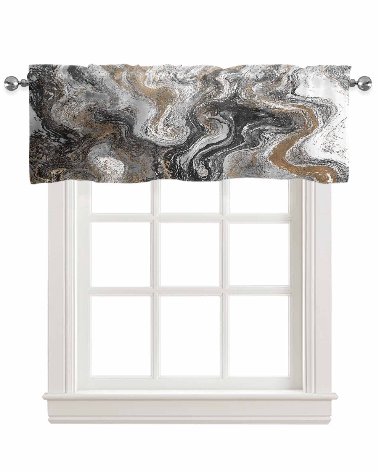 Black Marble Kitchen Valances for Windows Farmhouse Linen Window Valance Curtain for Living Room Window Treatment Retro Chic Abstract Mottled Texture Art Valance Rod Pocket Topper Drape, 42 x 18 Inch