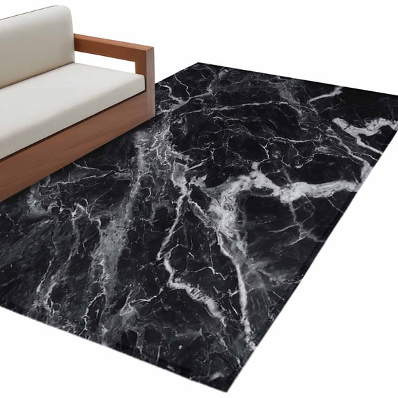 Black Marble Large Area Rugs for Bedroom Living Room, Non Slip Carpet Bedside Rug, Vintage Minimalism White Abstract Texture Rectangular Floor Cover Kitchen Accent Rug 4'x6' for Dining Room/Office