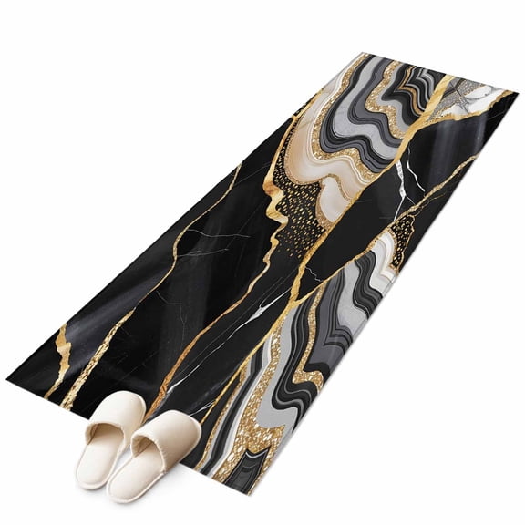 Black Marble Large Area Rugs for Bedroom Living Room, Soft Non Slip Carpet Bedside Rug, Grey Gold Texture Vintage Farmhouse Art Rectangular Floor Cover Kitchen Accent Rug 2'x6' for Dining Room/Office