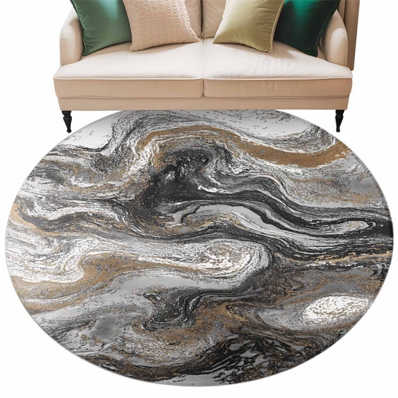Black Marble Large Area Rugs for Bedroom Living Room, Soft Non Slip Carpet Bedside Rug, Retro Chic Abstract Mottled Texture Art Round Floor Cover Kitchen Accent Rug 5' for Dining Room/Office